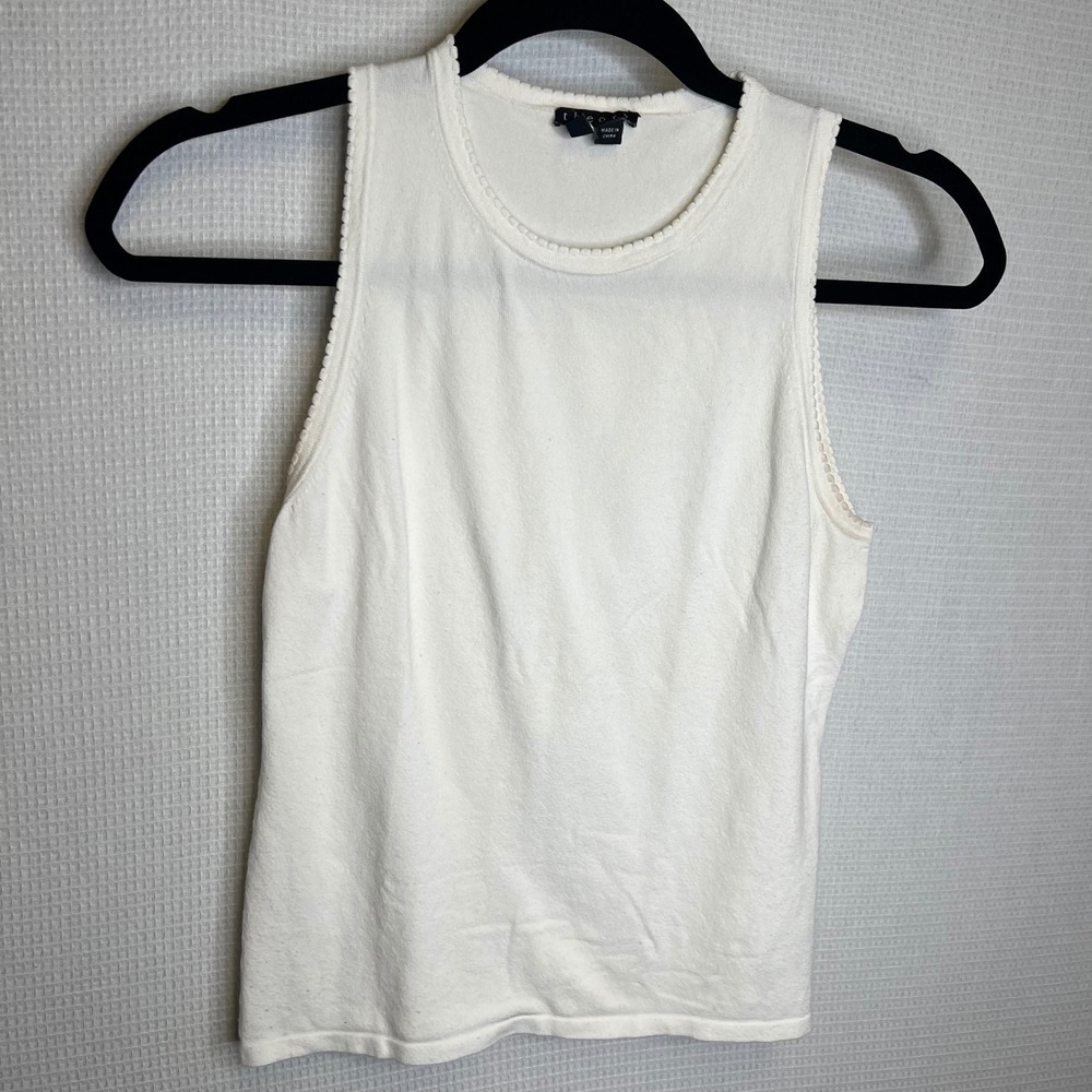 Theory Womens White Scalloped Trim Sleeveless Knit Tank Top Size Small